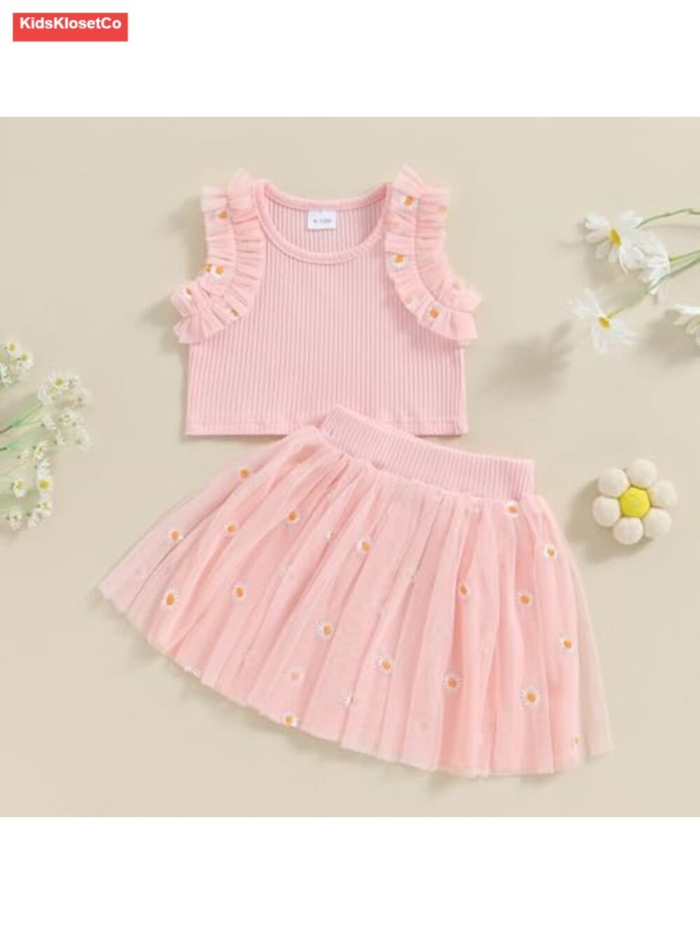 Toddler Girl Daisy Tutu Skirt Set Ruffle Tank Top Summer 2-Piece - Picture 2 of 6